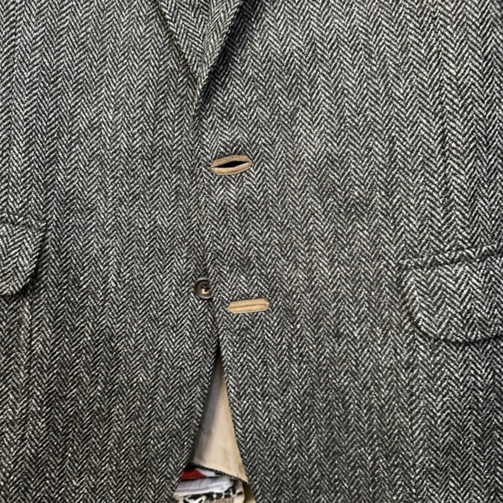 Daks Vtg Tweed‎ Jacket Mens Black 100% Wool Herringbone Blazer Leather Accents - Picture 4 of 14
